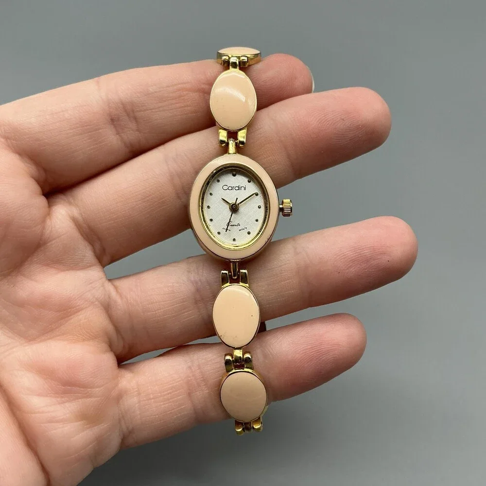 Cardini Womens Watch 18mm Silver Tone Pink Enamel Gold Tone New Battery 7.25